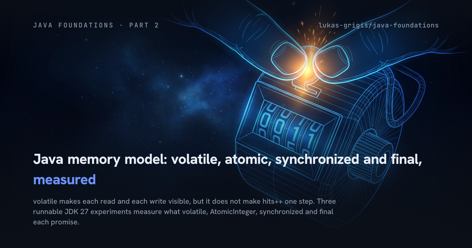 Two thumbs drawn in blue line-work press the button of a mechanical hand tally counter at the same instant, and amber sparks fly where they meet.