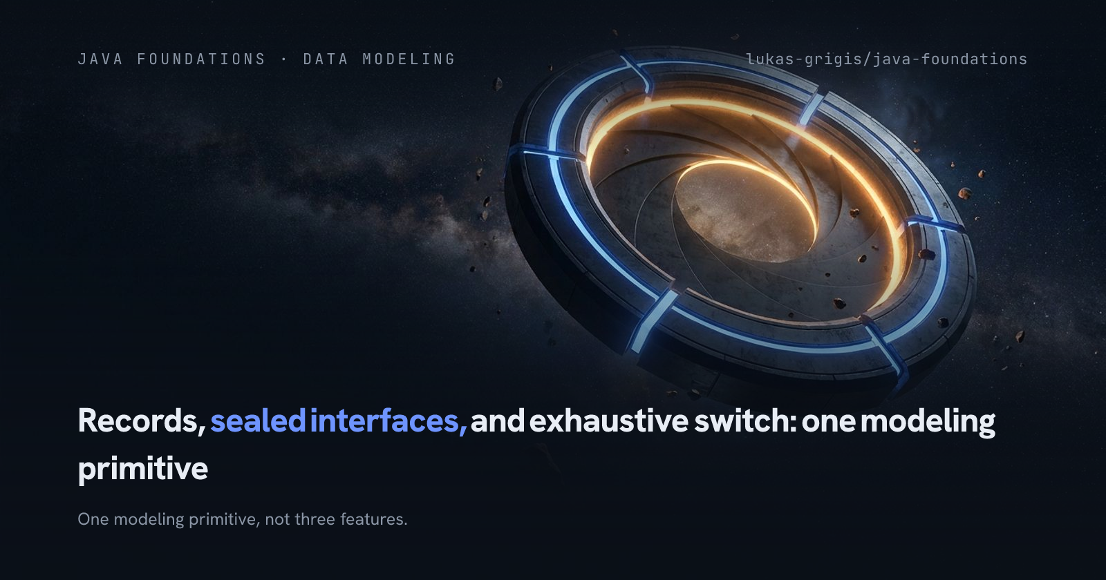 A segmented ring gate in deep space irising open, warm amber light pouring through the aperture: the single way through a sealed Java switch.