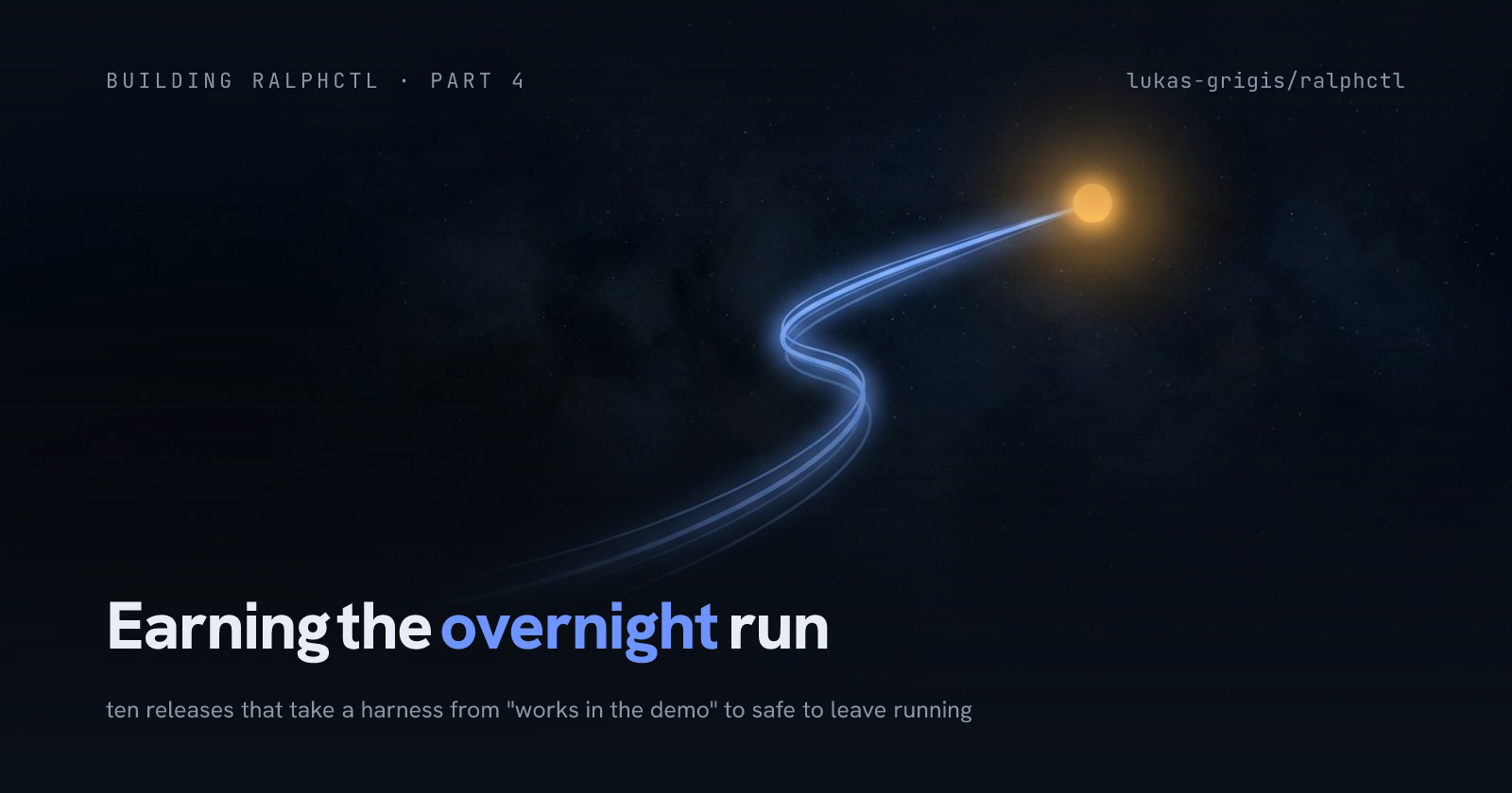 A glowing blue light-trail winding upward through a dark starfield to a single bright amber point in deep space.